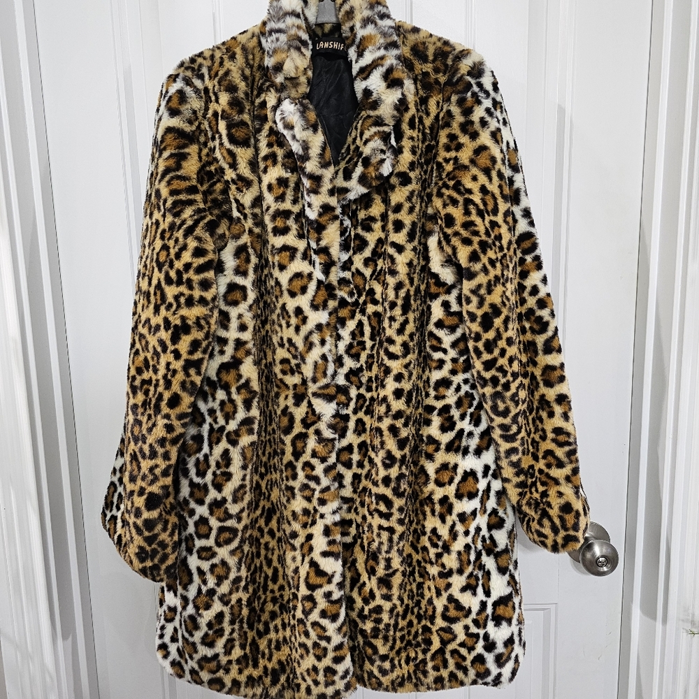 Lanshifei Leopard/Cheetah Print Faux Fur Coat Size XL